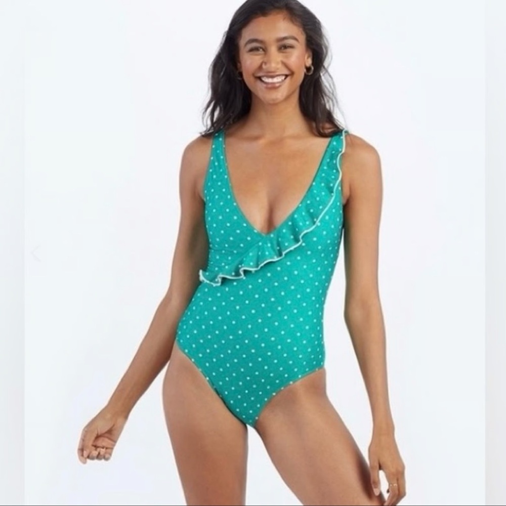 Summersalt Polka Dots Feminine Ruffle One Piece Swimsuit in Seaglass Green NWT 4